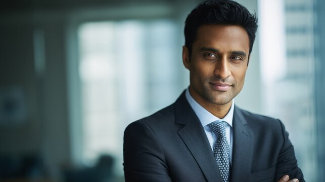 Confident business professional in formal attire, embodying leadership and professionalism in a corporate environment
