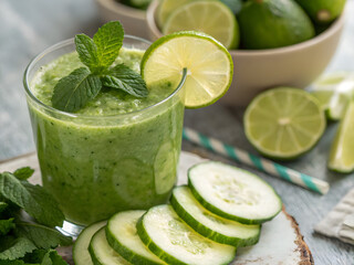 Detox smoothie recipes Refreshing green smoothie with mint, cucumber, and lime garnished elegantly.