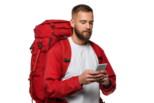 traveler man with backpack focused on his smartphone  isolated on white background