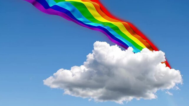 Rainbow curving down to a fluffy white cloud against a blue sky day