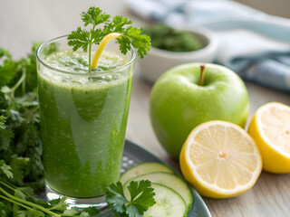 Fototapeta premium Detox smoothie recipes Fresh green smoothie with herbs, apple, and lemon slices on a rustic table.