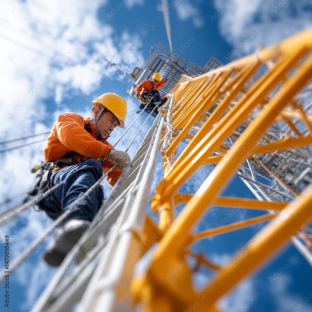 Poster antenna tower maintenance: workers in hard hats ascend a lattice tower against a partly cloudy sky f