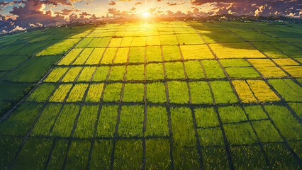 Overhead view of a rice field grid crossed by a small path glowing in golden sunlight with soft clouds drifting in an anime sky