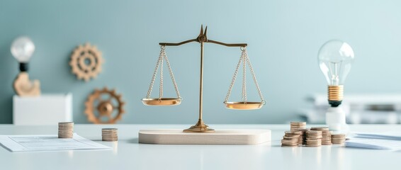 Balanced Scales and Stacks of Coins Showcasing Financial Equality and Idea Concept