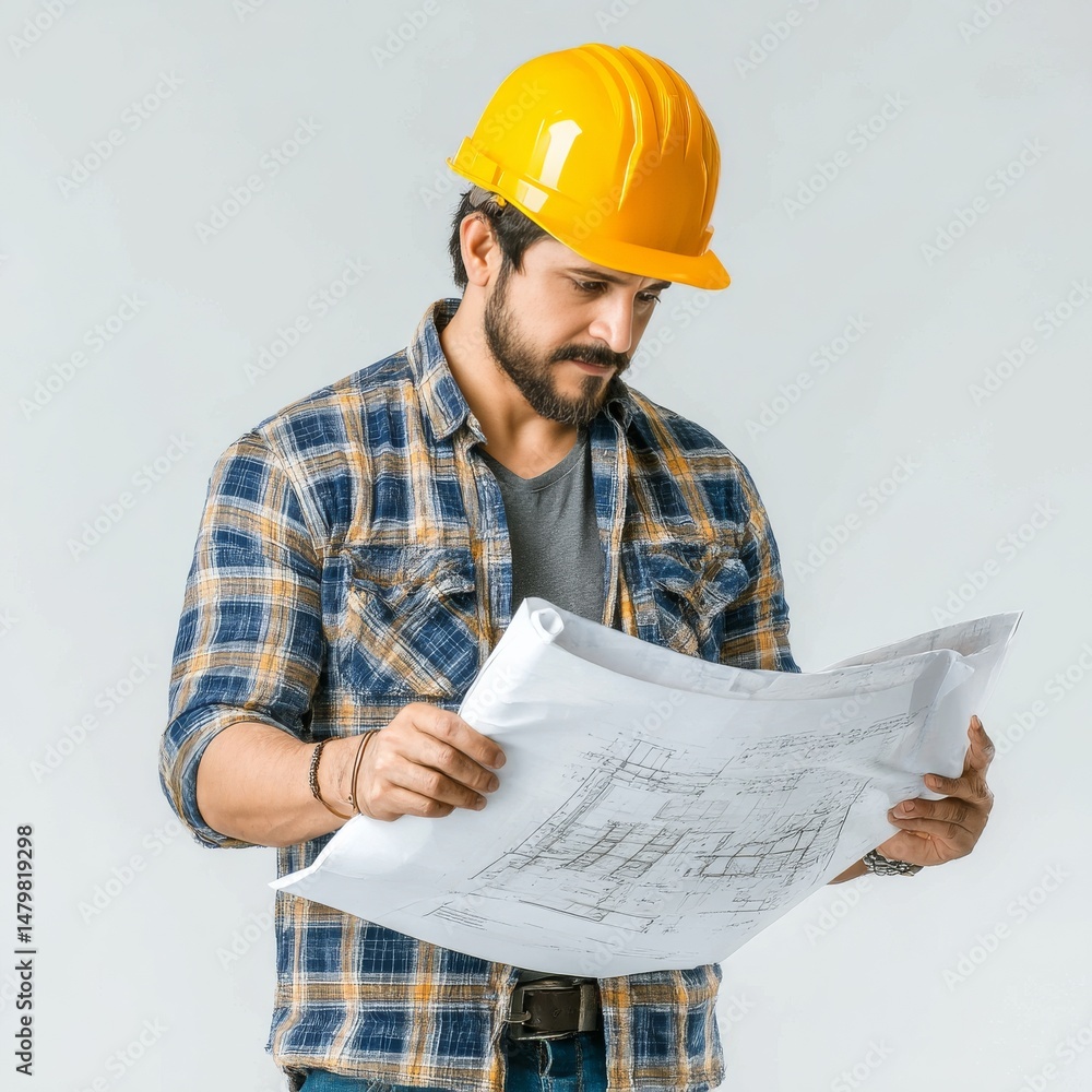 Poster construction worker in hard hat reviewing blueprints, ensuring accuracy and precision before startin