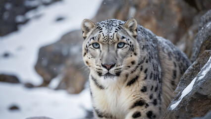 Obraz premium Majestic Snow Leopard in Its Natural Mountain Habitat. Wild snow leopard poised on rocky terrain with snowy background. Features stunning fur patterns and piercing blue eyes.