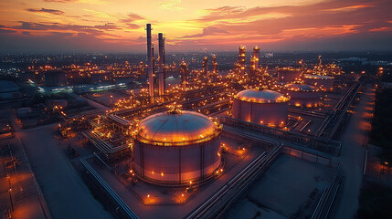 Fototapeta premium Aerial view of a large industrial complex at sunset, with illuminated tanks and pipes.