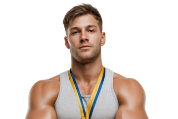  determined athlete wearing gold medal and looking confidently  isolated on white background