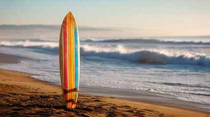 Beach surfboard art photo: vintage surfboard on sand with ocean waves in background