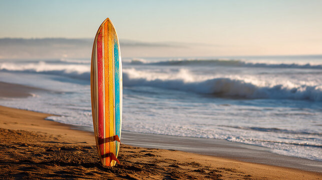 Beach surfboard art photo: vintage surfboard on sand with ocean waves in background