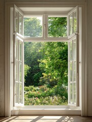 The window opens to show bright sunlight for a refreshing mood A picturesque view from an open window showcasing vibrant greenery and blooming flowers in a serene garden setting.