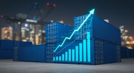 Shipping containers reflecting growth chart in global commerce at night