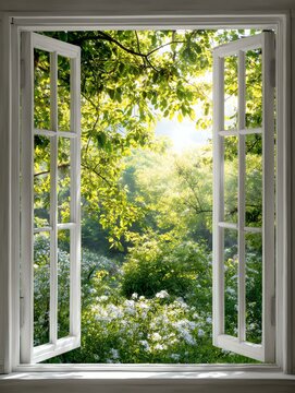Fototapeta The window opens to show bright sunlight for a refreshing mood A serene view through an open window, showcasing lush greenery and blooming flowers, inviting tranquility into the living space.