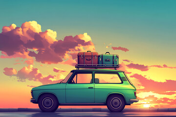Fototapeta premium Vintage car parked under a colorful sunset, with luggage on the roof, evoking travel nostalgia