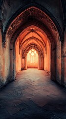 Fototapeta premium Mysterious arched hallway illumination within aged architectural splendor
