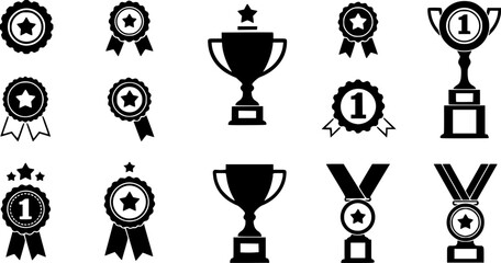 Set of winning award and prize icons, trophy reward, victory trophy signs depicting an award, victory cup achievement, winner medal - stock vector