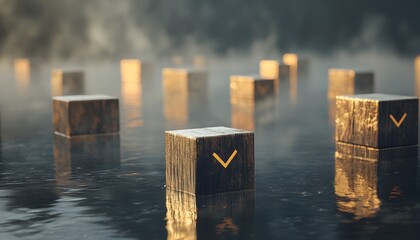 Wooden blocks floating on a still water surface, illuminated by soft light.