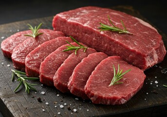Fototapeta premium Fresh raw beef steak slices with rosemary on wooden board