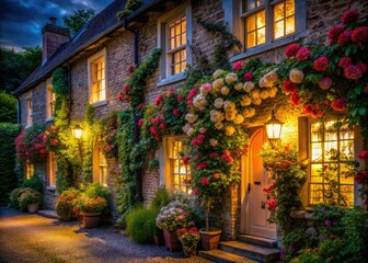 Fototapeta premium Low Light Photography: Romantic English Cottage, Climbing Roses, Night Scene, Beautiful House, Garden, Flowers, Exterior, Architecture
