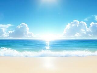 Serene beach scene featuring turquoise ocean waves meeting a sandy shore under a bright blue sky with fluffy clouds