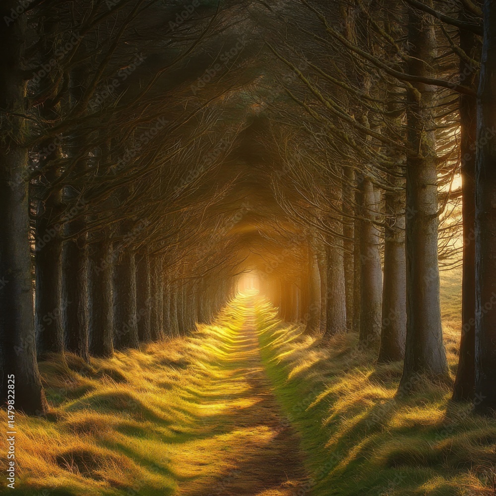 Aufkleber forest path illuminated by sunlight perspective view leading through the trees in a natural setting 