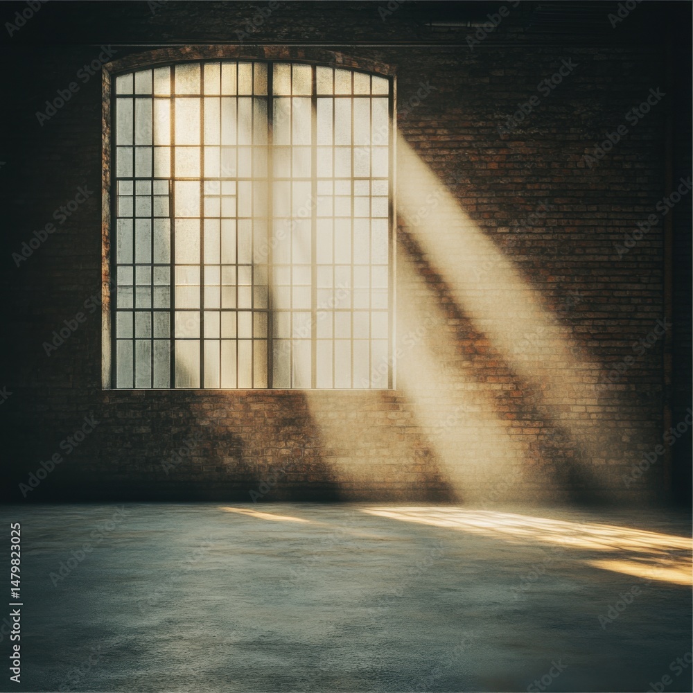 Poster sunlight streams through industrial window illuminating empty brick room interior casting shadows on