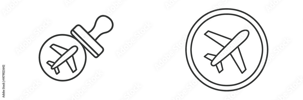Poster web icons featuring an airplane and a seal stamp in a minimal design for travel-related themes