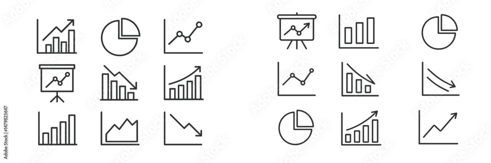 Poster collection of web icons featuring various graph and chart designs for data visualization