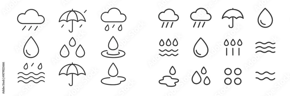 Poster Collection of simple web icons illustrating weather elements with rain and water themes in minimalist style