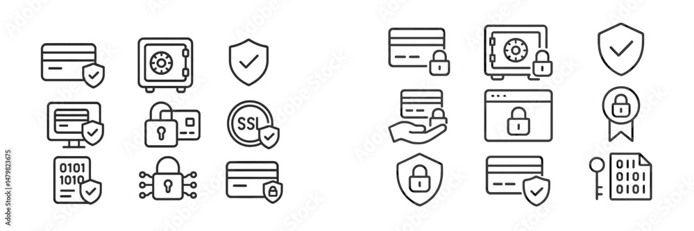 Fototapete Set of web icons illustrating security features for online transactions and data protection tools