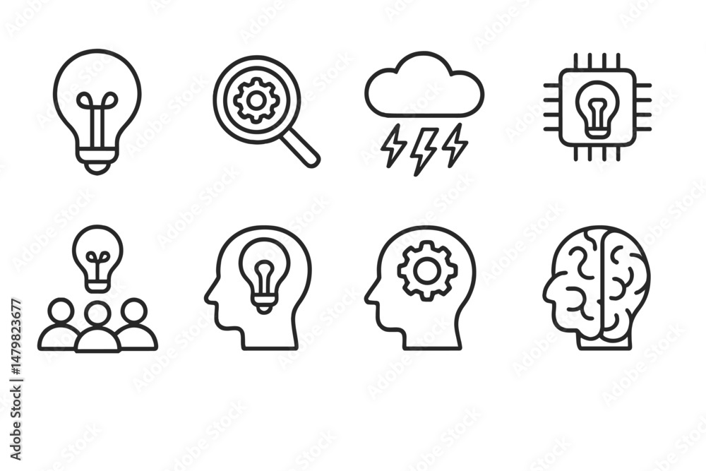 Poster Collection of web icons representing innovation, research, and technology concepts for digital projects