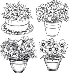 set of bouquet of flowers in a vase coloring page sheet