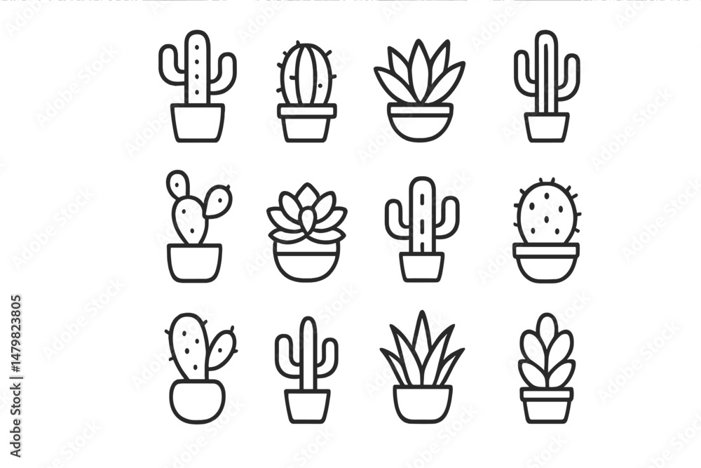 Poster Collection of simple web icons featuring various cactus and succulent plant designs in pots for use in digital projects