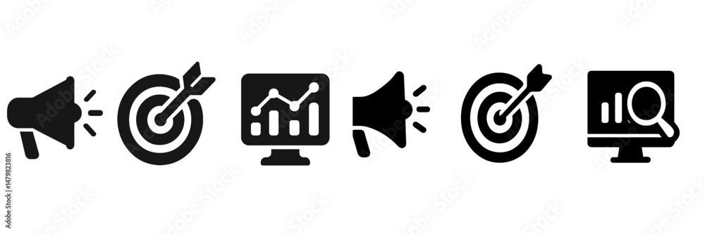 Poster collection of web icons representing various digital communication and analytics concepts for modern