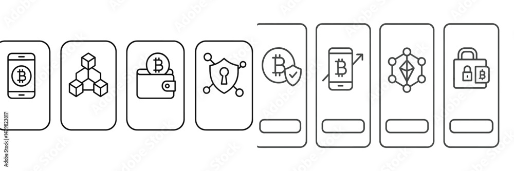Fototapete Collection of minimalistic web icons showcasing cryptocurrency concepts and digital security features for user interface design