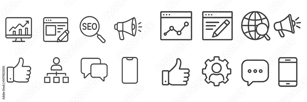 Aufkleber modern web icons representing digital marketing, communication, and analytics in a clean line art st