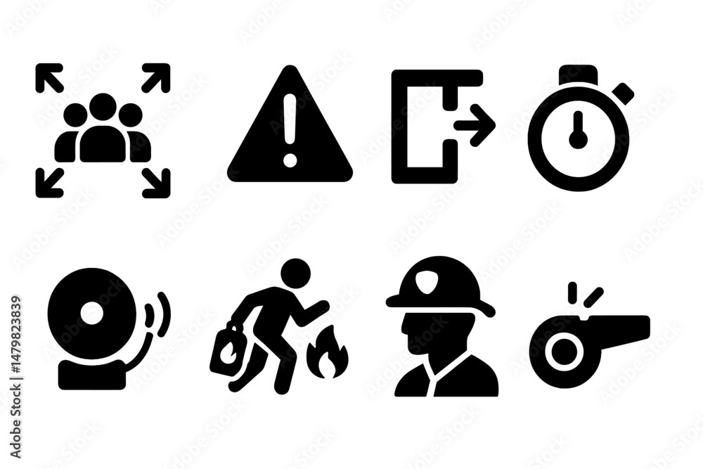 Poster collection of black web icons representing safety procedures and emergency actions in various situat