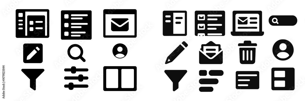 Poster set of black web icons representing various application features for user interface design