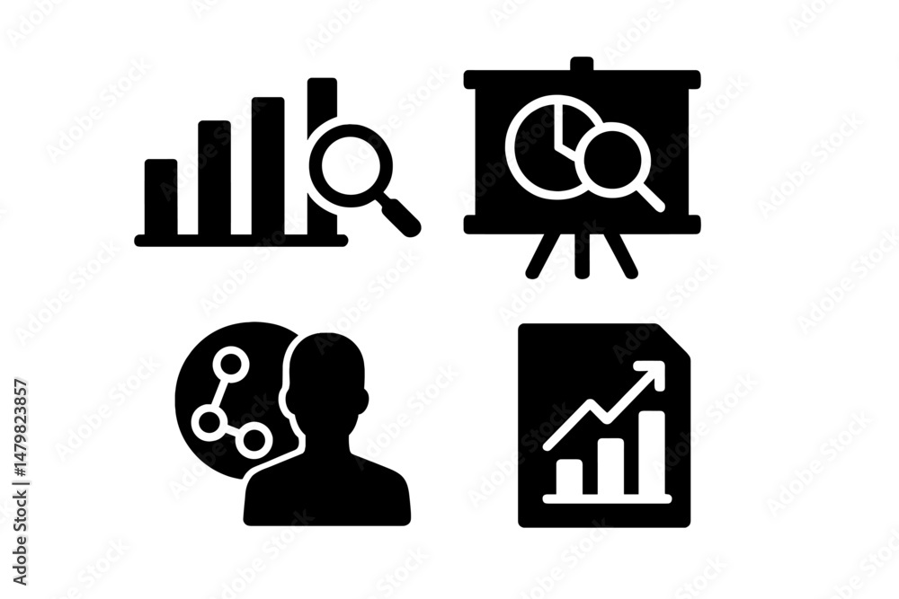 Fototapete set of web icons depicting data analysis, presentation tools, and user representations for digital a