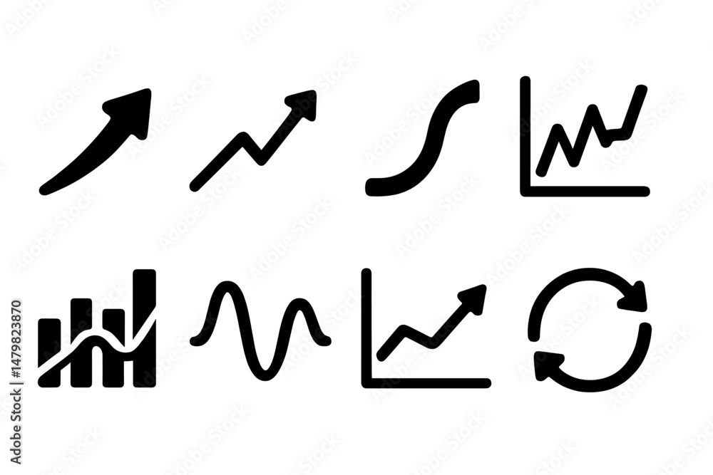 Poster collection of web icons representing data analysis and growth trends in a clean, minimalist design