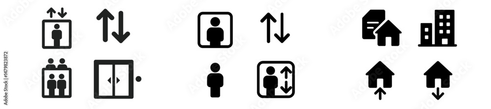 Poster set of web icons depicting elevator functionality and building accessibility features for user-frien