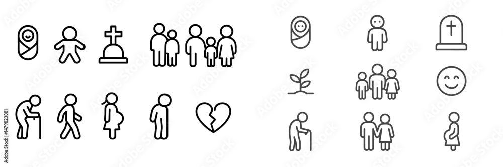 Poster Set of web icons illustrating human life cycle, relationships, and emotions for digital design and applications