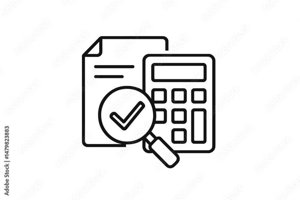 Poster collection of web icons depicting documents, a calculator, and a magnifying glass for financial and 