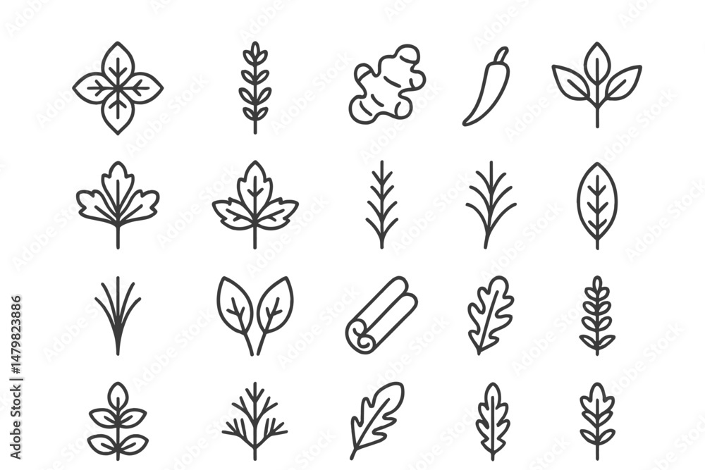 Poster collection of web icons featuring various plants, herbs, and leaves designed in a minimalist style f