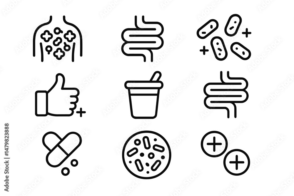 Poster collection of web icons representing health, wellness, and microbiome concepts for digital applicati