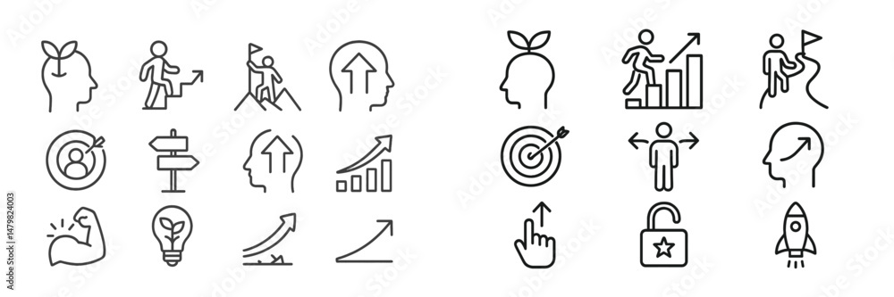 Poster collection of minimalist web icons showcasing personal development, achievement, and goal-oriented c