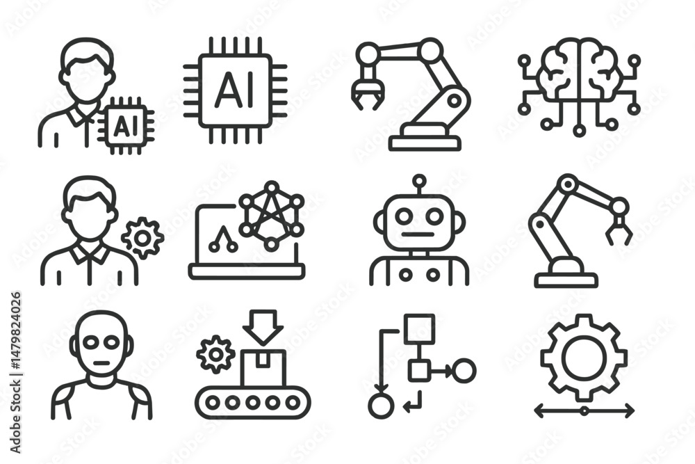 Leinwandbilder Set of web icons featuring technology and automation elements related to artificial intelligence and robotics