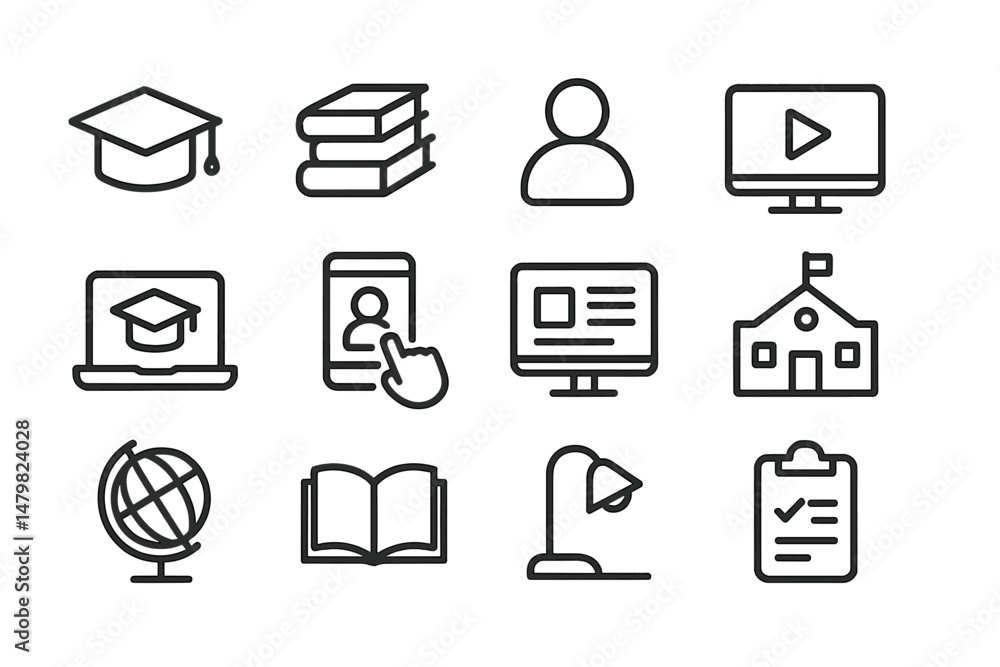 Aufkleber collection of web icons representing education and online learning tools in a simplified design form