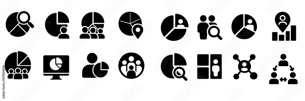 Poster collection of web icons representing data analysis, teamwork, location tracking, and collaboration t