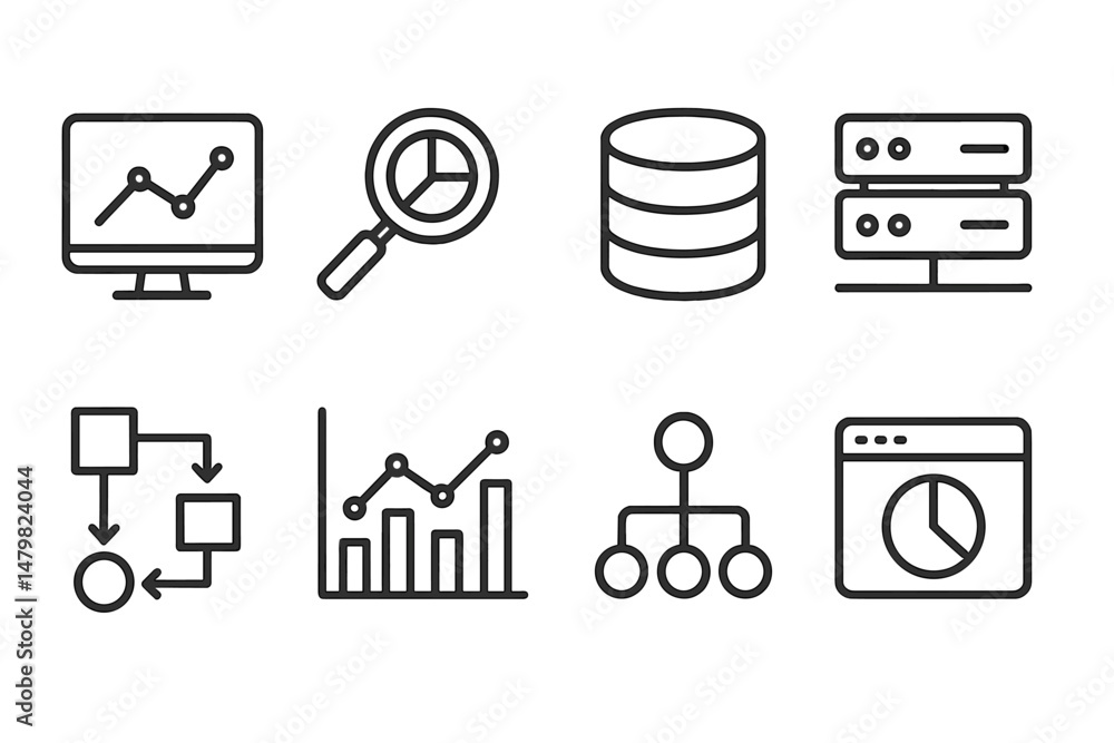 Poster set of web icons representing data analysis, server management, and information flow systems